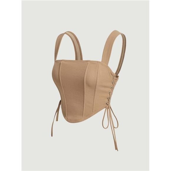 Women's Square Neck Wide Straps Bustier Tank Top Khaki - Picture 3 of 5